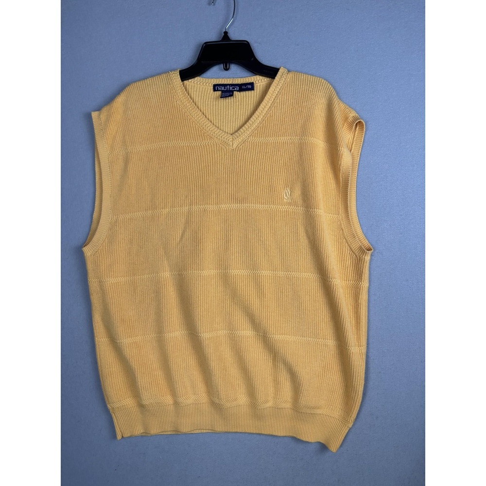 Vintage Nautica Sweater Vest Mens XL Yellow 100% Cotton V Neck Made in Hong Kong